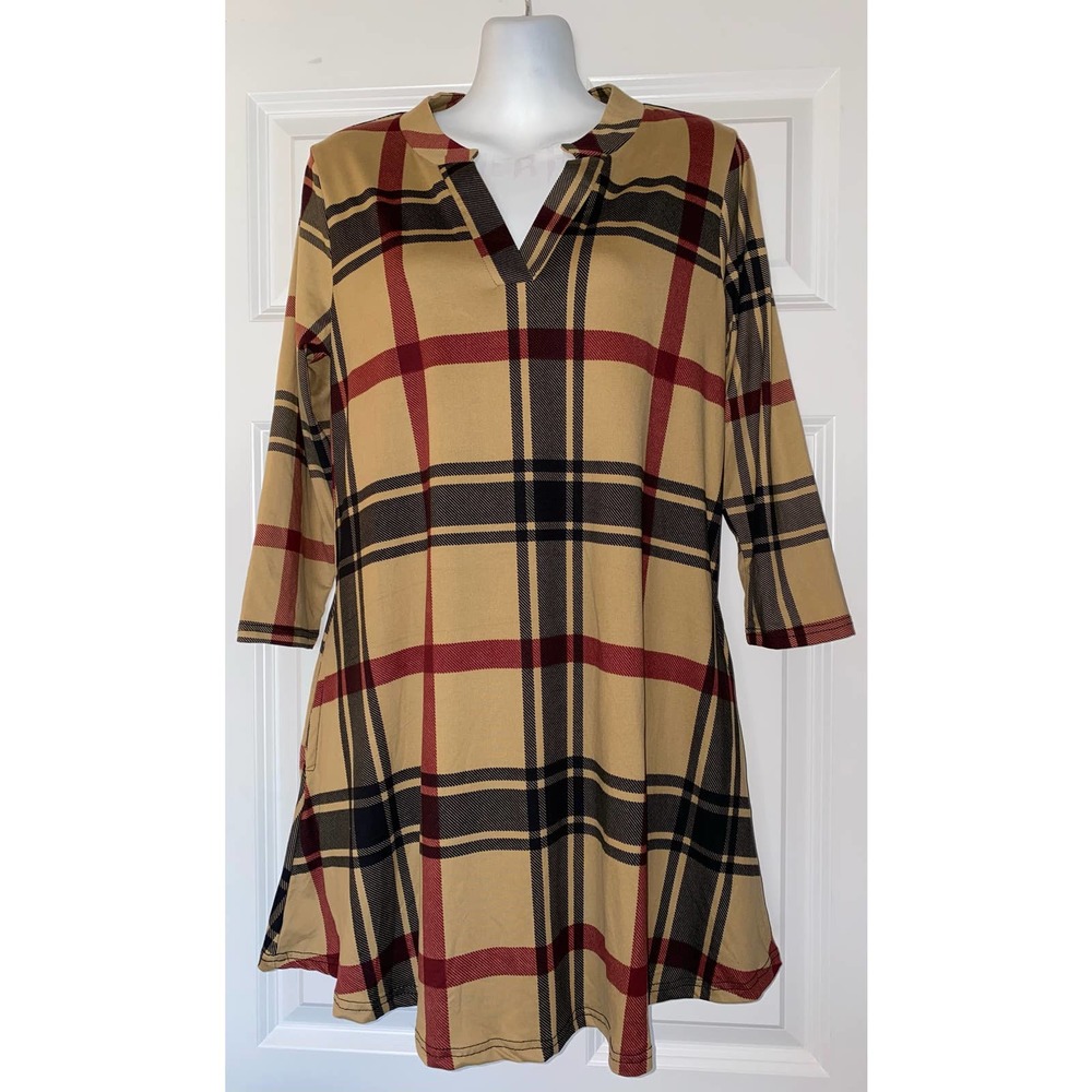 Lildy Printed Pocket Swing Tunic, Tan PlaidSize S-M NWT